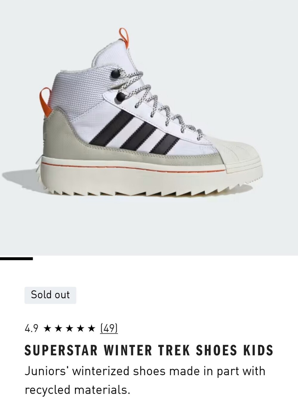 Adidas Superstar Winter Trek Shoes-Kids White High-Top Sneaker Sz 5.5 Kids